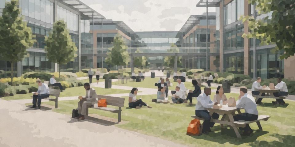People eating lunch on the lawn of a modern office park