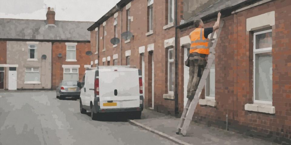 A repairs operative on a ladder outside a row of terraced homes