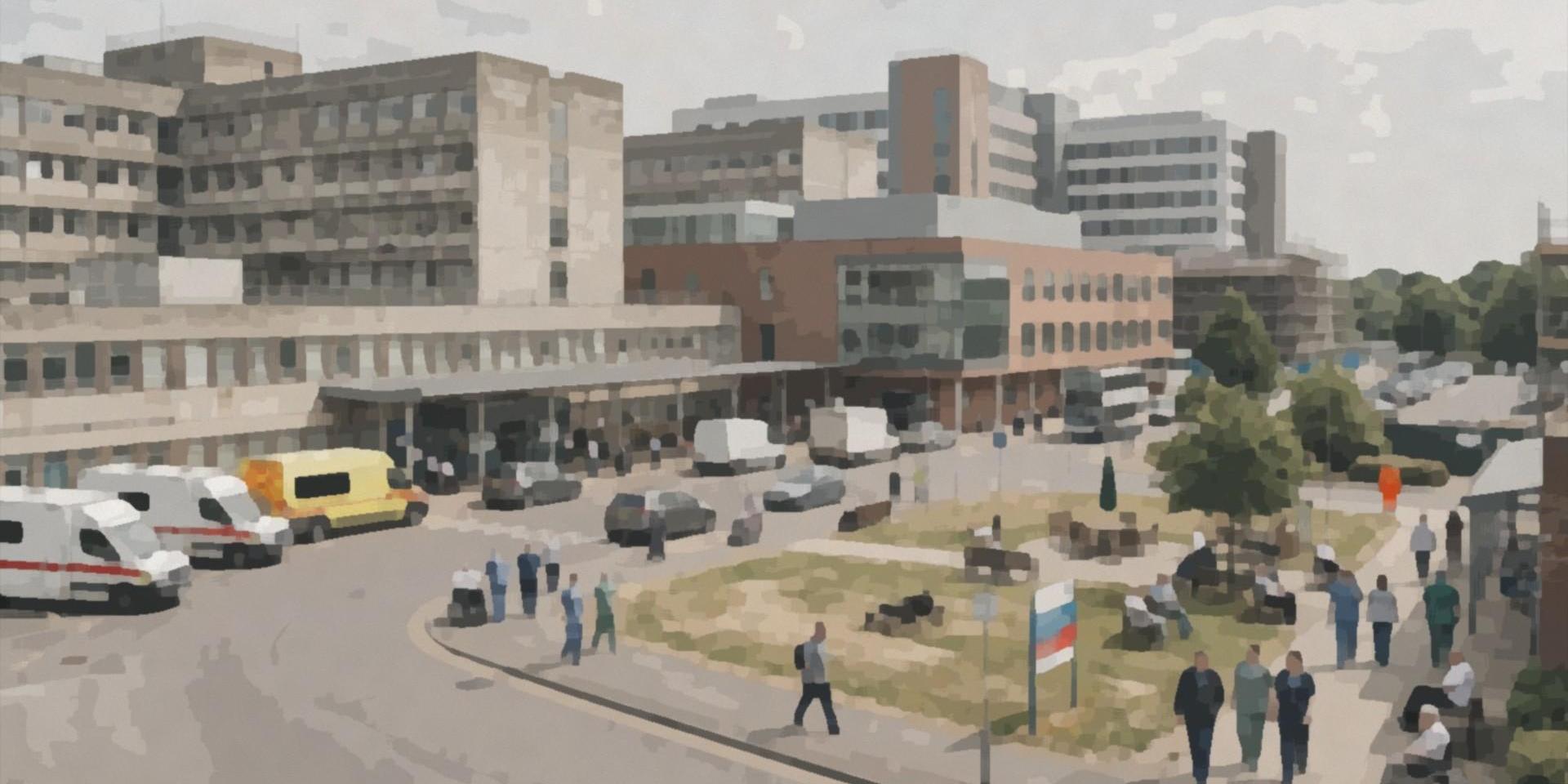 Ambulances parked outside a hospital with staff walking past