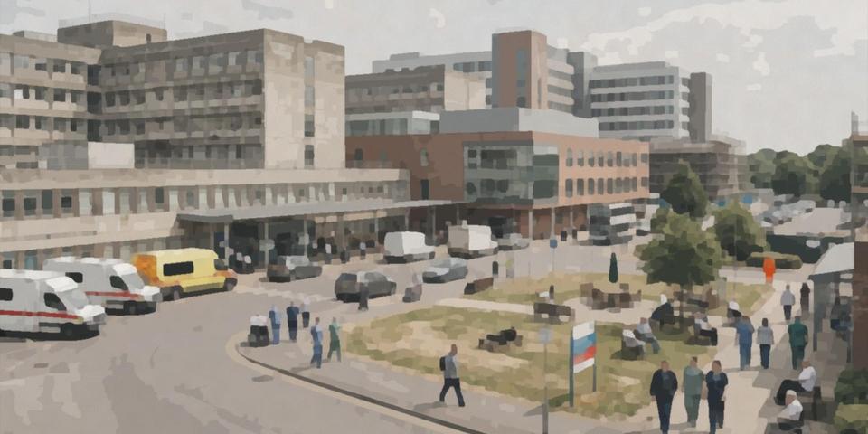 Ambulances outside a hospital with staff walking past